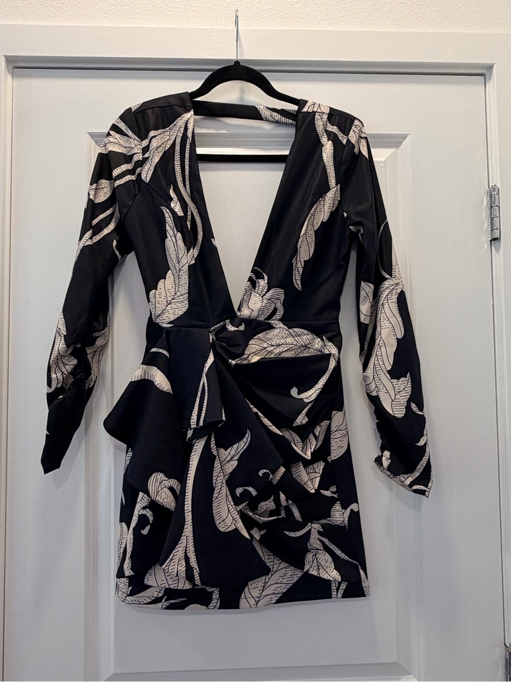 Luxxel Black Mini Dress with Cream Leaf Print